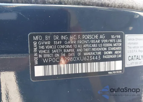 1999 Porsche Boxster from USA, damaged, VIN WP0CA2980XU623443